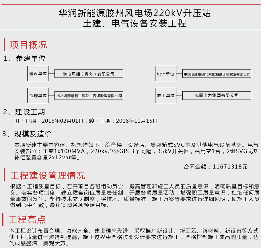 華潤新能源膠州風(fēng)電場220kV升壓站土建、電氣設(shè)備安裝工程