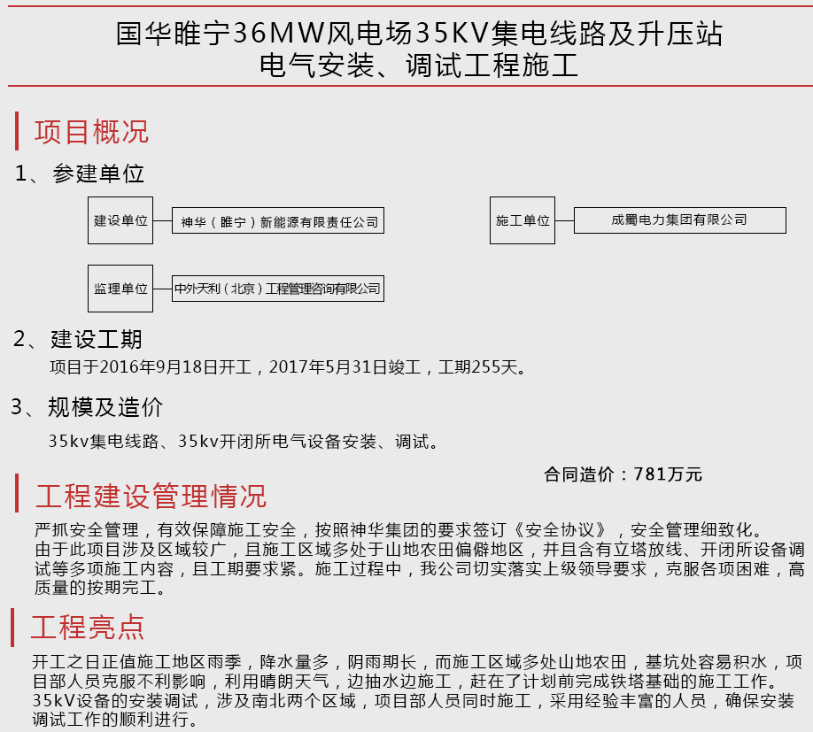國(guó)華睢寧36MW風(fēng)電場(chǎng)35KV集電線路及升壓站電氣安裝、調(diào)試工程施工