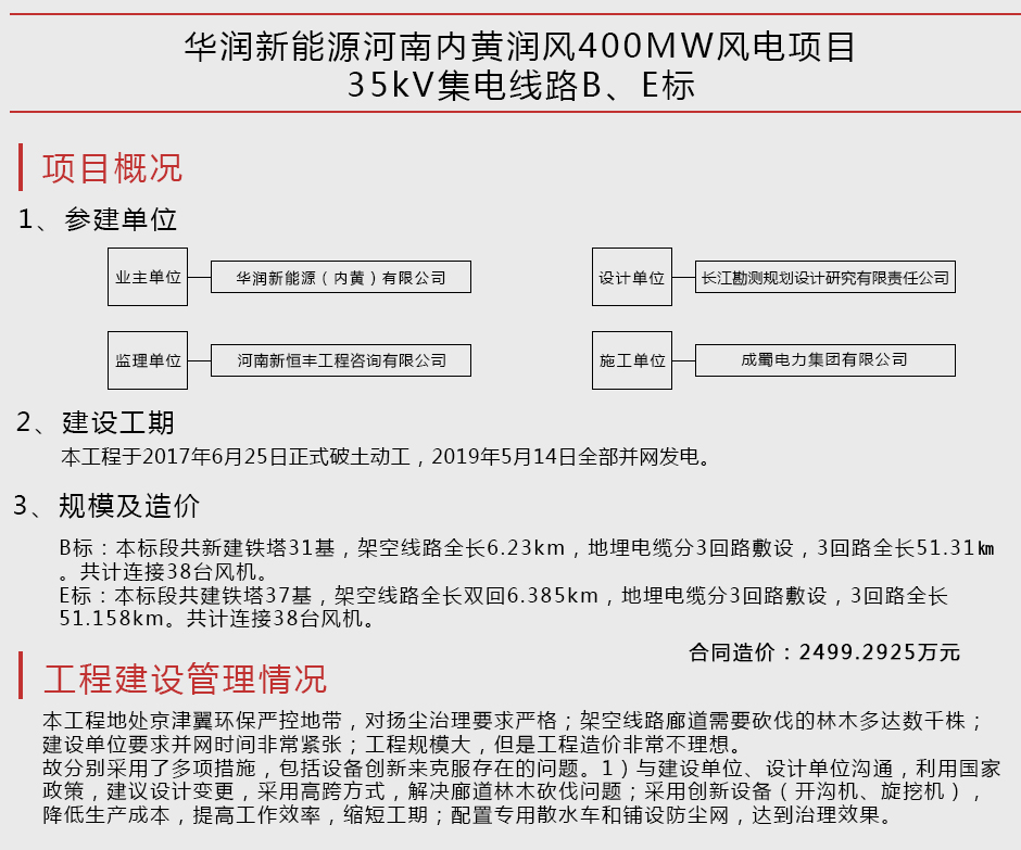 華潤新能源河南內(nèi)黃潤風(fēng)400MW風(fēng)電項目35kV集電線路B、E標(biāo)